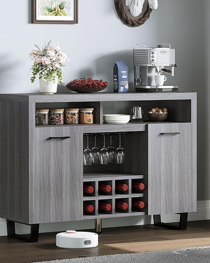 DWVO Coffee Bar Cabinet, 47" Modern Sideboard Buffet Cabinet with Storage, Wine Bar Cabinets with Wine and Glass Rack, Console Table for Kitchen & Living Room, Grey Oak - LeafyLoom