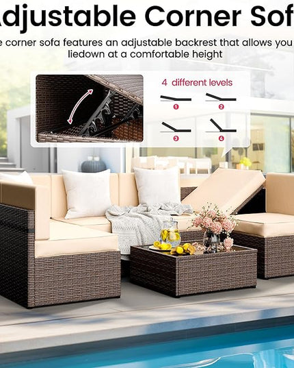 Pamapic 7 Piece Modular Outdoor Sectional, UV Protection Rattan Patio Sectional with Coffee Table, Adjustable Outdoor Couch with Removable Waterproof Cushions Covers(Brown Sugar) - LeafyLoom