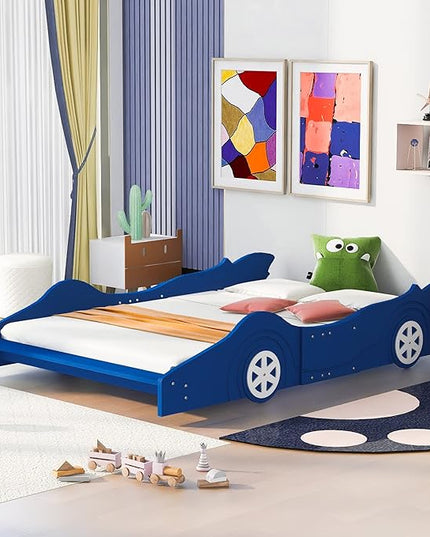 Car Shaped Toddler Bed with Wheels,Racecar Platform Beds W/Safety Guardrail,Slats Support,Stylish Design,Easy Assembly,Wood Full Bedframe for Boys Toddlers Kids Teens Bedroom,Blue - LeafyLoom