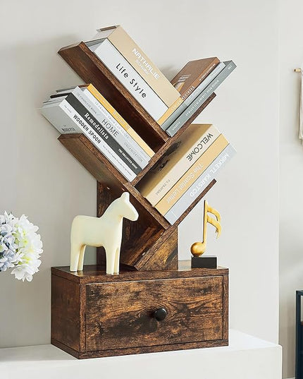 4 Tier Tree Bookshelf with Drawer, Small Tree Bookcase, Table Top Book Shelf Organizer Shelves for Living Room, Bedroom, Home Office, Rustic Brown - LeafyLoom