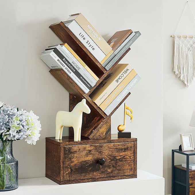 4 Tier Tree Bookshelf with Drawer, Small Tree Bookcase, Table Top Book Shelf Organizer Shelves for Living Room, Bedroom, Home Office, Rustic Brown - LeafyLoom