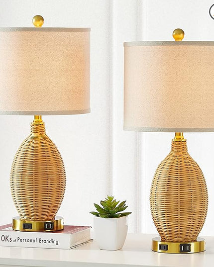 Touch Control Rattan Table Lamps, 3 Way Dimmable Bedside Lamps for Bedroom Set of 2 with 2 USB Ports and AC Outlet, Gold Wicker Nightstand Lamps for Living Room Office (LED Bulbs Included) - LeafyLoom