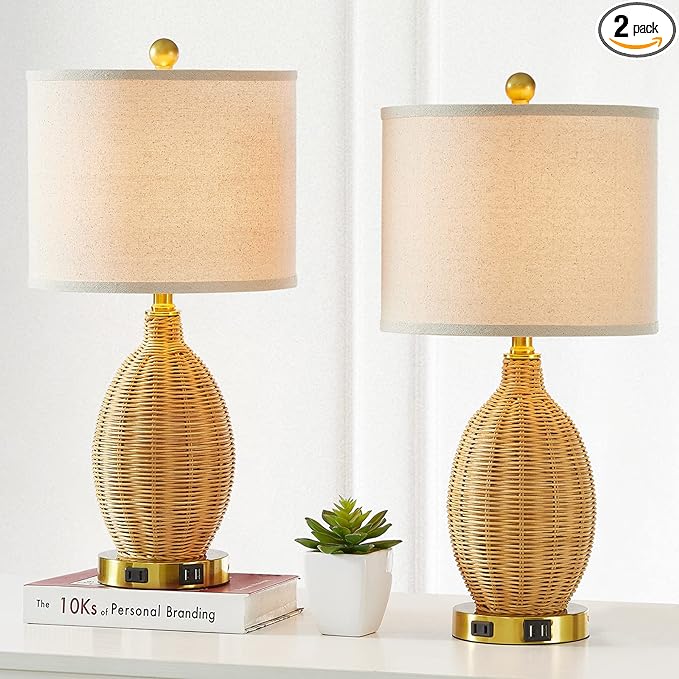 Touch Control Rattan Table Lamps, 3 Way Dimmable Bedside Lamps for Bedroom Set of 2 with 2 USB Ports and AC Outlet, Gold Wicker Nightstand Lamps for Living Room Office (LED Bulbs Included) - LeafyLoom