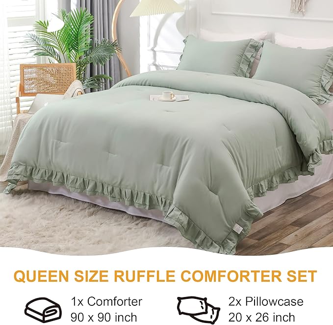 Sage Green Double Ruffle Comforter Set Queen Size (90x90 Inch), 3 Pcs Farmhouse Vintage Comforter Set (1 Ruffled Comforter and 2 Pillowcase), Rustic All Season Down Alternative Bedding Set - LeafyLoom