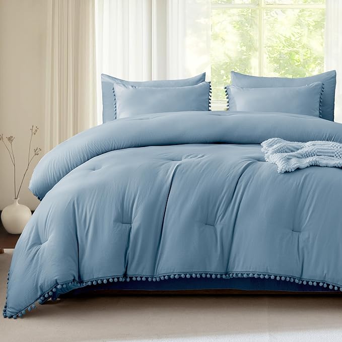 Litanika Queen Size Comforter Set Grey Blue,3 Pieces Grey Blue Boho Pom Pom Lightweight Bed Comforter, All Season Soft Solid Color Bedding Comforter Sets (1 Comforter 90x90 Inch, 2 Pillowcases) - LeafyLoom