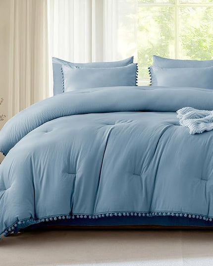 Litanika Comforter Full Size Set Grey Blue,3 Pieces Grey Blue Boho Pom Pom Lightweight Bed Comforter Full,All Season Soft Solid Color Bedding Comforter Sets (1 Comforter 79x90 Inch, 2 Pillowcases) - LeafyLoom