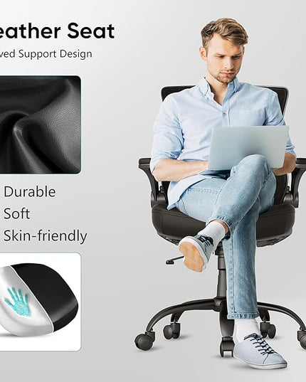 T29 Ergonomic Office Chair, Comfy Computer Desk Chair, Mesh Back Home Office Chair with PU Leather Padded, Adjustable Lumbar Support, Flip-up Arms,Swivel Wheels,Work Task Chair for Long Hours - LeafyLoom