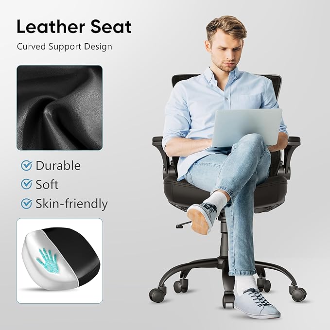 T29 Ergonomic Office Chair, Comfy Computer Desk Chair, Mesh Back Home Office Chair with PU Leather Padded, Adjustable Lumbar Support, Flip-up Arms,Swivel Wheels,Work Task Chair for Long Hours - LeafyLoom