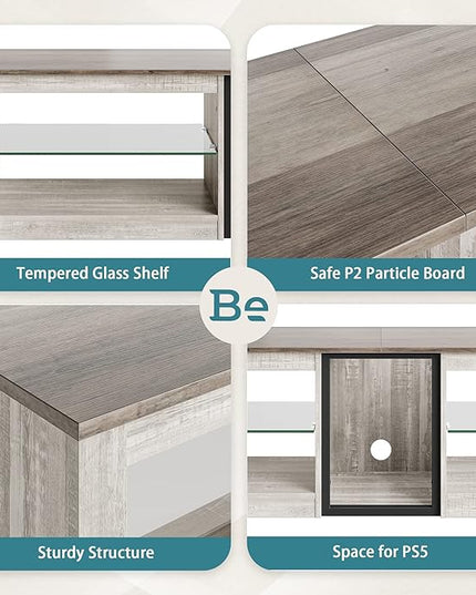Bestier TV Stand for 70 inch TV, Gaming Entertainment Center for PS5, LED TV Cabinet with Glass Shelves for Living Room, 63'' Inch, White Wash - LeafyLoom