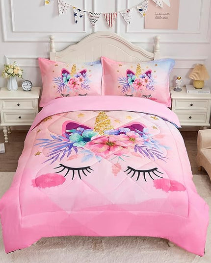 VIVILINEN Twin Size Bedding Set for Girls 3 Piece Pink Unicorn Kids Comforter Set Cartoon Unicorn Flowers Quilt Set Bed in A Bag Lightweight Duvet Bed Set for Kids Teen Girls Women with 2 Pillowcases - LeafyLoom