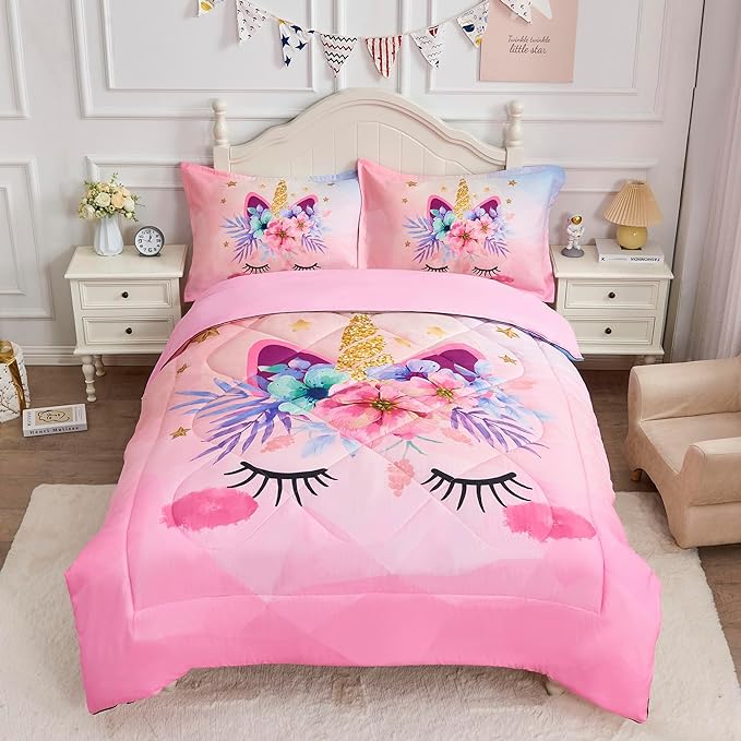 VIVILINEN Twin Size Bedding Set for Girls 3 Piece Pink Unicorn Kids Comforter Set Cartoon Unicorn Flowers Quilt Set Bed in A Bag Lightweight Duvet Bed Set for Kids Teen Girls Women with 2 Pillowcases - LeafyLoom