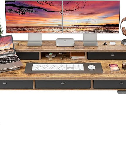 FEZIBO Height Adjustable Electric Standing Desk with 5 Drawers, 55 x 24 Inch Table with Storage Shelf, Sit Stand Desk Black Frame/Rustic Brown Top, 55 inch - LeafyLoom