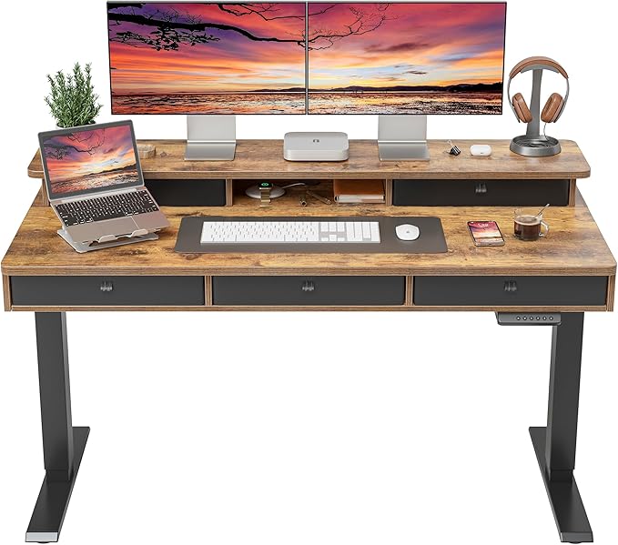 FEZIBO Height Adjustable Electric Standing Desk with 5 Drawers, 55 x 24 Inch Table with Storage Shelf, Sit Stand Desk Black Frame/Rustic Brown Top, 55 inch - LeafyLoom