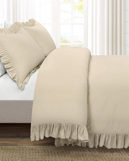 Lush Decor Reyna Ruffle 100% Cotton Duvet Cover Set - 3 Piece Cozy Ruffled Bedding Set - Timeless Elegance and Comfort - Full/ Queen, Wheat - LeafyLoom