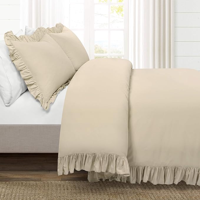 Lush Decor Reyna Ruffle 100% Cotton Duvet Cover Set - 3 Piece Cozy Ruffled Bedding Set - Timeless Elegance and Comfort - Full/ Queen, Wheat - LeafyLoom