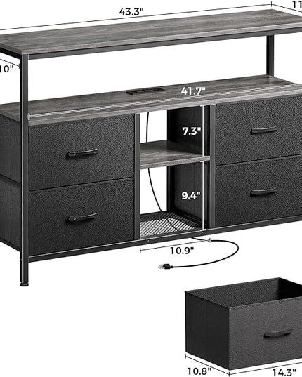 TV Stand Dresser with Power Outlets and LED Lights, 4 Drawers Entertainment Center with Open Shelf, Media Console for 50 43 Inch TV, Dresser with PU Finish, Grey and Black - LeafyLoom