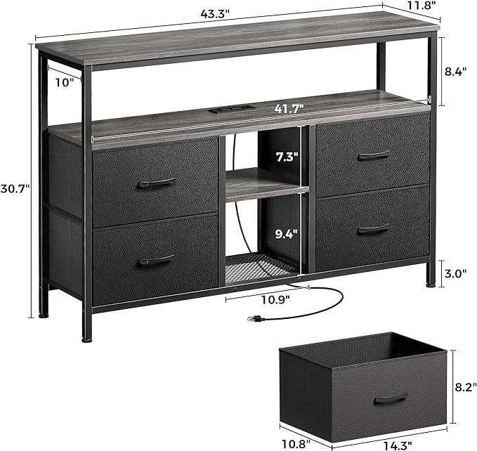 TV Stand Dresser with Power Outlets and LED Lights, 4 Drawers Entertainment Center with Open Shelf, Media Console for 50 43 Inch TV, Dresser with PU Finish, Grey and Black - LeafyLoom