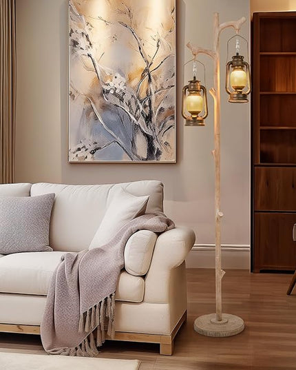68" Vintage Dimmable Floor Lamp, Standing Lamp with Classical Lanterns, Rustic Tree Trunk LED Tall Corner Lamp with Wood Finish, Western Farmhouse Decor for Living Room Bedroom Office - LeafyLoom