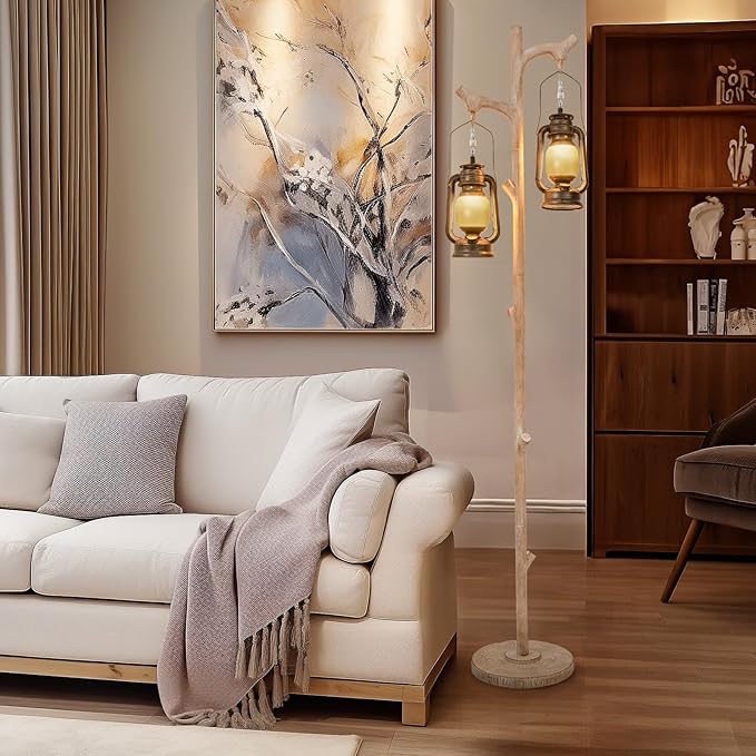 68" Vintage Dimmable Floor Lamp, Standing Lamp with Classical Lanterns, Rustic Tree Trunk LED Tall Corner Lamp with Wood Finish, Western Farmhouse Decor for Living Room Bedroom Office - LeafyLoom