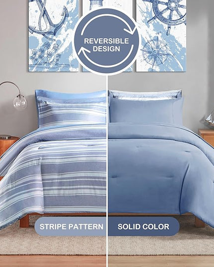 Full Size Comforter Set with Sheets, Modern Blue and White Striped Bed in a Bag, 7-Piece Complete Bedding Set Including Reversible Comforter, 2 Sheets, Pillowcases & Shams - LeafyLoom