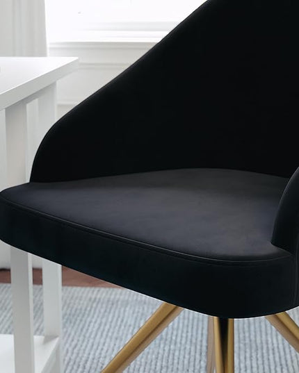 Martha Stewart Sora Stationary Swivel Task Chair with Sloped Arms for Home Office in Black Velvet with Polished Brass Frame - LeafyLoom