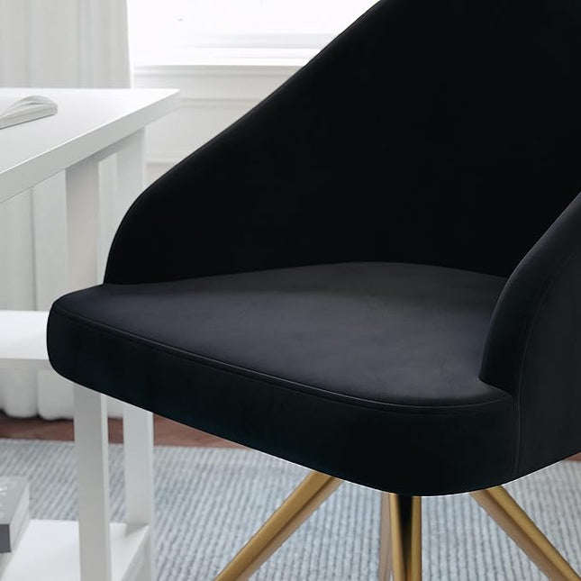 Martha Stewart Sora Stationary Swivel Task Chair with Sloped Arms for Home Office in Black Velvet with Polished Brass Frame - LeafyLoom