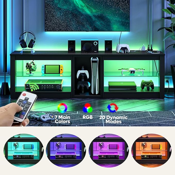 Bestier TV Stand for 70 inch TV with Power Outlets, LED Entertainment Center for PS5, Gaming TV Consoles with Glass Shelves for Living Room, 63'' Inch, Black Carbon Fiber - LeafyLoom