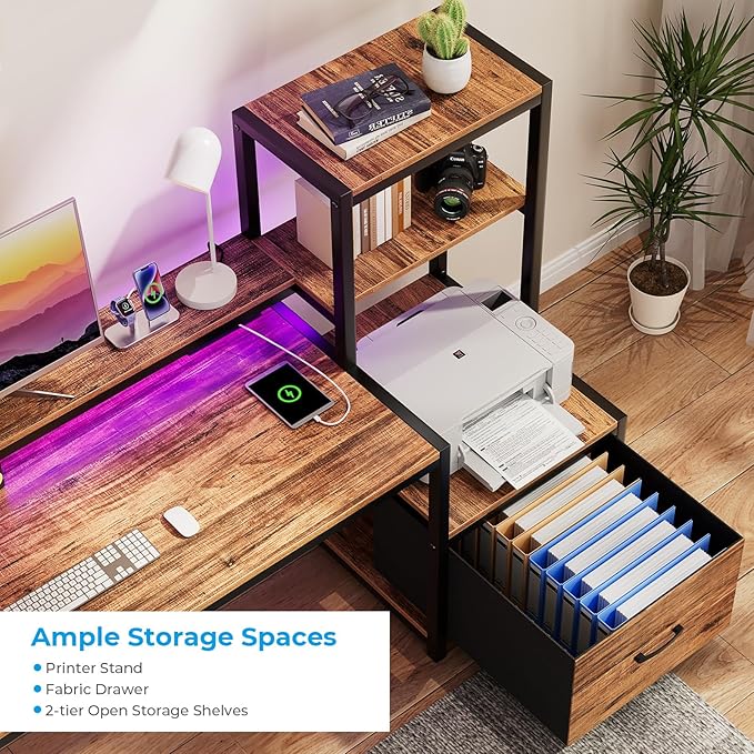 GreenForest Computer Desk with Drawer and Printer Shelf, 68.8 inch Home Office Desk with LED Lights and Power Outlets, Desk with Storage for Study Gaming Working, Walnut - LeafyLoom