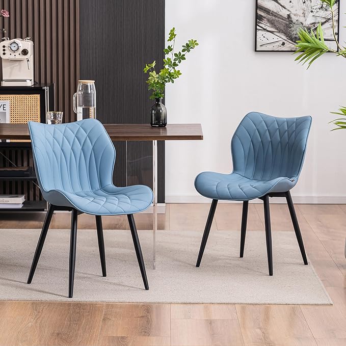 YOUNIKE Dining Chairs Set of 2 Upholstered Faux Leather Dining Room Chairs, Modern Kitchen Chairs Living Room Bedroom Side Chairs with Wide Curved Back and Adjustable Metal Legs, Blue - LeafyLoom