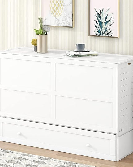 Murphy Cabinet Bed Queen Size with Drawer and Little Shelves on Each Side, can be Foldable/Space Saving, Wooden Low Bedframe for Bedroom/Apartment, White - LeafyLoom