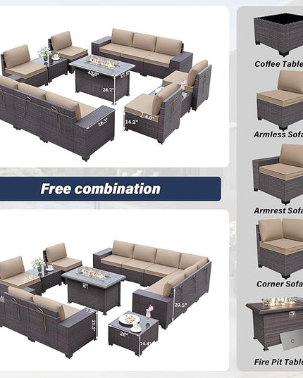 Patio Furniture Sectional Sofa Set 13-Pieces PE Rattan Patio Conversation Set w/43in Gas Fire Pit Table, Outdoor Furniture with 55000 BTU Propane Fire Pit, Sand - LeafyLoom
