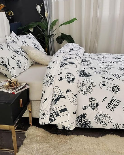3PCS White Gamer Comforter Set Full for Boys Girls Teens and Kids, Soft Microfiber Cute Comforter Full Size, Bed in a Bag Full Cozy House Collection, Hotel Luxury and Lightweight, Full - LeafyLoom