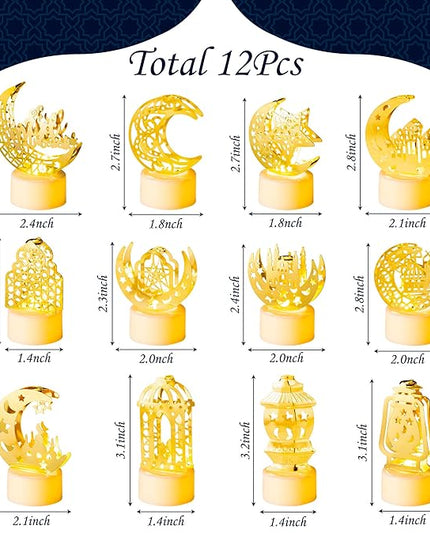 Ramadan Mini Lantern Lights Decorations 12Pcs Eid Mubarak Plastic LED Night Light with Lamp Battery Moon Castle Decorative Hanging Lantern for Mubarak Home Party Tabletop Decorations - LeafyLoom