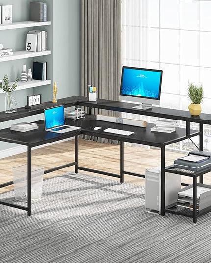 L-Shaped Desk with Monitor Shelf, Black - LeafyLoom