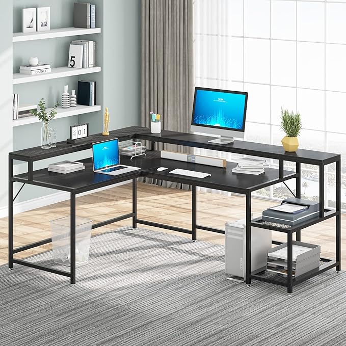 L-Shaped Desk with Monitor Shelf, Black - LeafyLoom