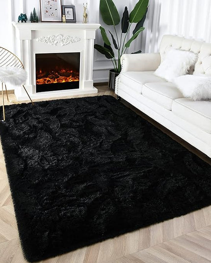Super Soft Fluffy Shaggy Rugs 6x9 Feet for Living Room Bedroom, Fuzzy Plush Area Rugs for Girls Kids Room Nursery Home Decor, Furry Dorm Rug Cute Non-Slip Indoor Floor Carpet, Black - LeafyLoom