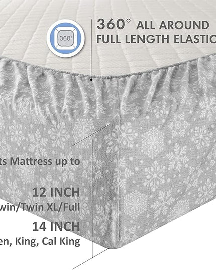 Comfort Spaces Cotton Flannel Breathable Warm Deep Pocket Sheets with Pillow Case Bedding, Cal King, Grey Snowflakes 4 Piece - LeafyLoom