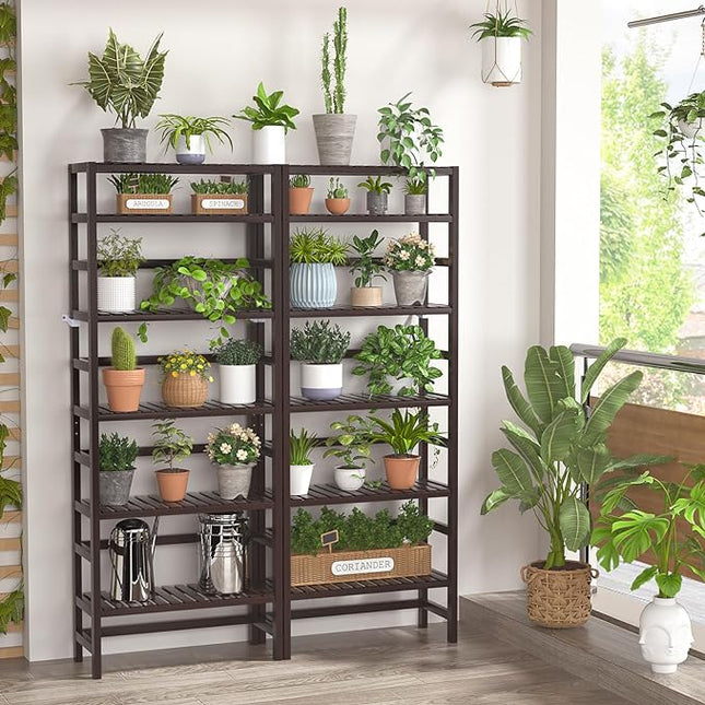 Homykic Bamboo Bookshelf, 6-Tier Adjustable 63.4” Tall Bookcase Book Shelf Organizer Free Standing Storage Shelving Unit for Living Room, Bathroom, Kitchen, Bedroom, Rust Resistance, Espresso - LeafyLoom