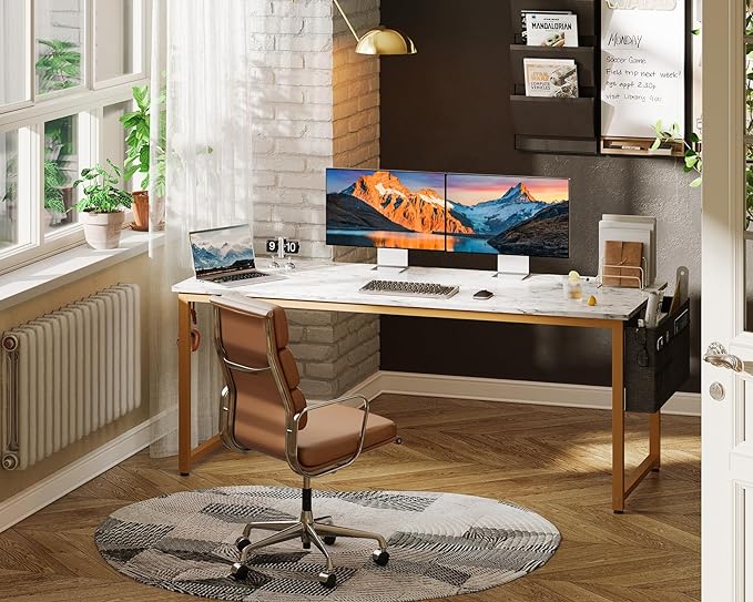 ODK Computer Desk Large Office Desk, 63 Inch Writing Desk with Storage, Modern PC Desk Work Table with Headphone Hook for Home Office, White Marble + Gold Leg - LeafyLoom