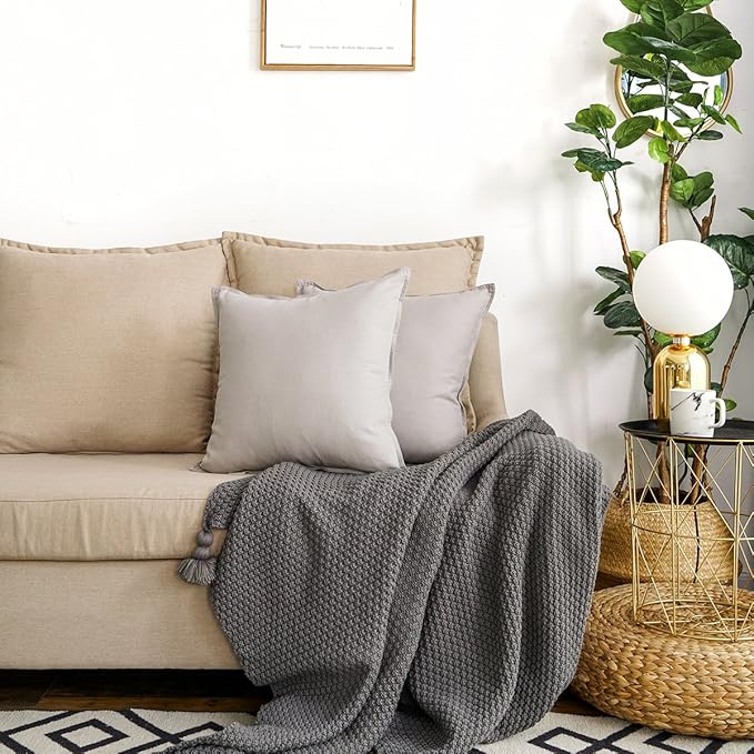Jeanerlor Pack of 2 Cotton Linen Soft Soild Decorative Square Throw Pillow Covers Set Cushion Case for Sofa Bedroom Car24 x 24 Inch 60 x 60cm,Silver Grey - LeafyLoom