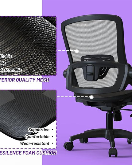 Ergonomic Mesh Seat Home Office Computer Desk Chair Height Adjustable Lumbar Support with Flip Up Arms Swivel Wheels for Adult, black - LeafyLoom