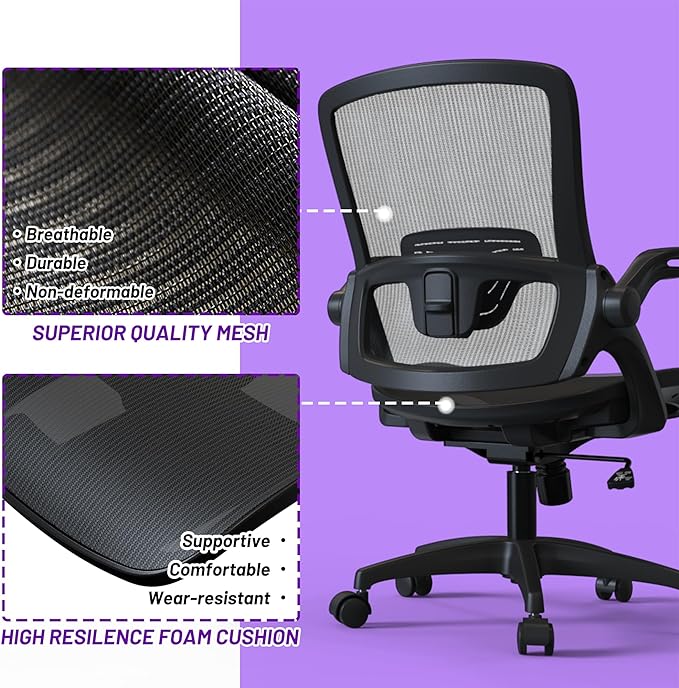 Ergonomic Mesh Seat Home Office Computer Desk Chair Height Adjustable Lumbar Support with Flip Up Arms Swivel Wheels for Adult, black - LeafyLoom