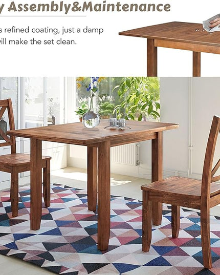 Dining Room Table Set for 2, 3-Piece Wood Kitchen Table Set with Drop Leaf and 2 X-back Chairs, Breakfast Nook Dining Table Set for Small Place, Brown - LeafyLoom