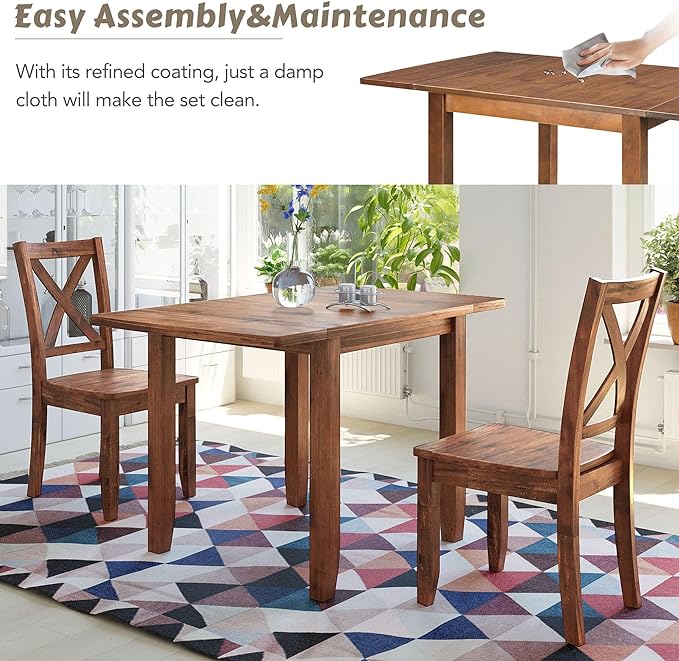 Dining Room Table Set for 2, 3-Piece Wood Kitchen Table Set with Drop Leaf and 2 X-back Chairs, Breakfast Nook Dining Table Set for Small Place, Brown - LeafyLoom