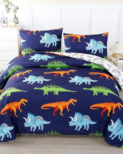 RYNGHIPY Cartoon Dinosaur Comforter Set, Dark Blue Dinosaur Kids Bedding Set for Boys, Dinosaurs Print Comforter Sets for Kids/Toddlers/Teens (Dinosaur,Full) - LeafyLoom