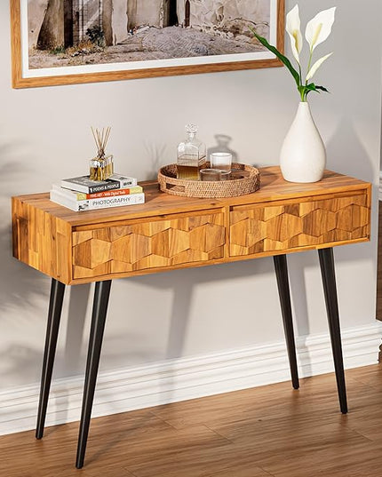 Bme 45 Inch Solid Wood TV Stand and Geometric Pattern 2 Drawer Console Table Bundle for Living Room and Entryway, Teak Brown - LeafyLoom