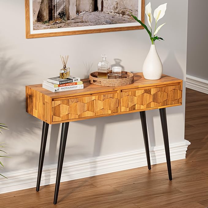 Bme 45 Inch Solid Wood TV Stand and Geometric Pattern 2 Drawer Console Table Bundle for Living Room and Entryway, Teak Brown - LeafyLoom
