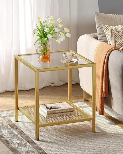 SAYGOER Glass Side Table Small Gold End Table for Small Spaces 2-Tier Square Night Stand with Storage Modern Bed Side Table with Gold Frame for Bedroom Living Room, Easy Assembly - LeafyLoom