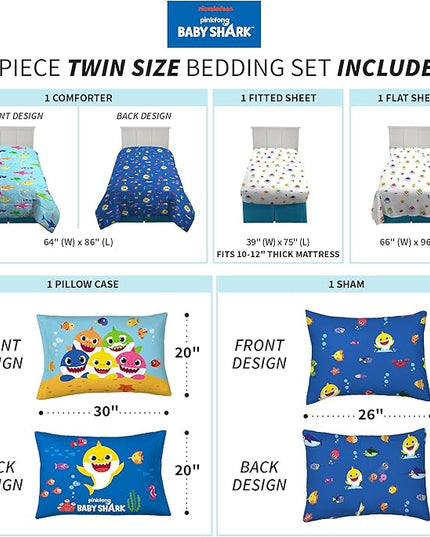 Franco Kids Bedding Super Soft Comforter and Sheet Set with Sham, 5 Piece Twin Size, Baby Shark - LeafyLoom
