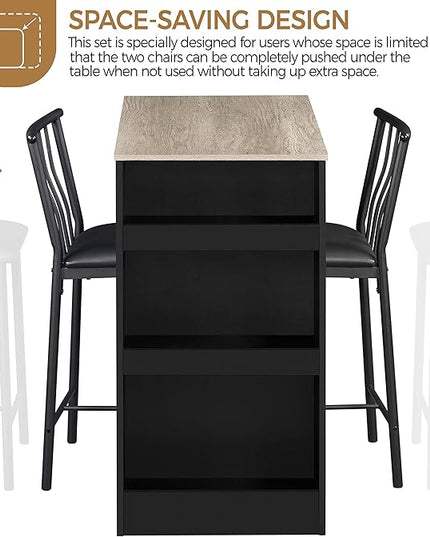 Yaheetech 3-Piece Dining Table Set, Counter Height Bar Table Set for 2, Compact Kitchen Table Set with 3-layer Side Storage Shelf for Kitchen Small Space, Black/Gray - LeafyLoom